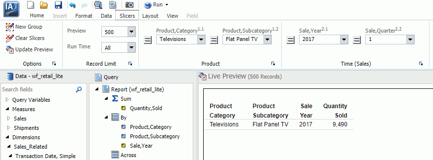 Report Filtered to Show Flat Panel TVs sold in 1Q 2007