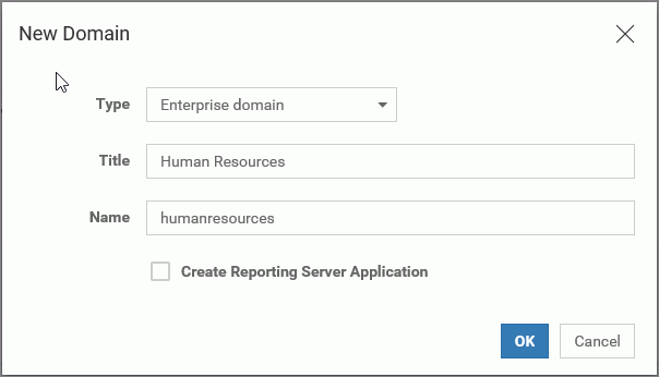 The New Domain dialog box with a value in the Name field that was typed over the automatically assigned value.