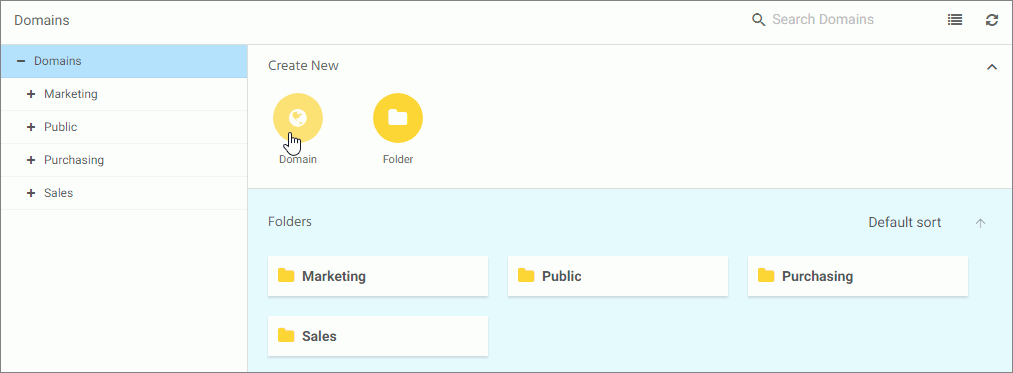 The Domains action bar on the WebFOCUS Homepage.