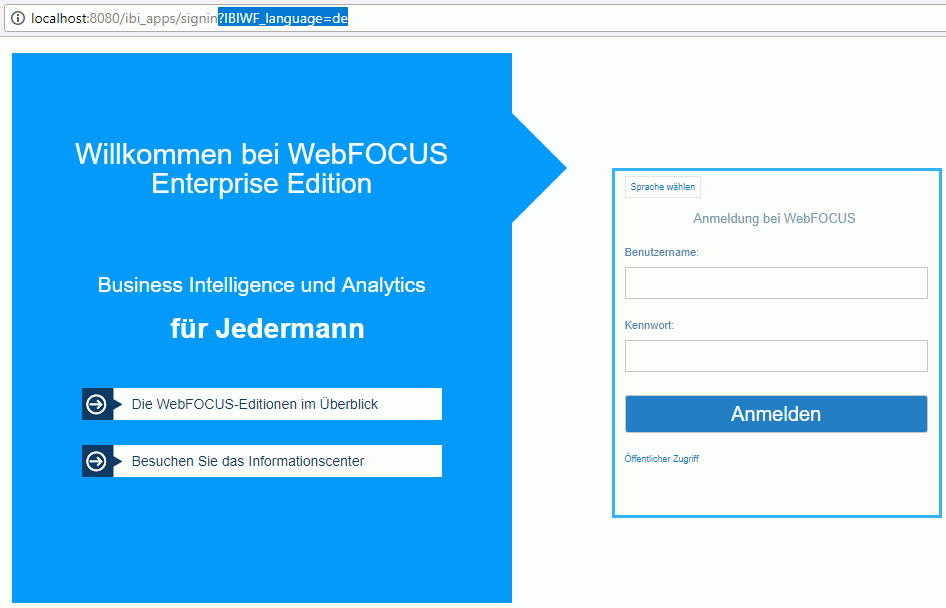 German WebFOCUS Sign In screen using IBIWF_language parameter in URL