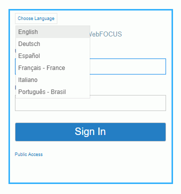 WebFOCUS Sign In page with multiple languages available