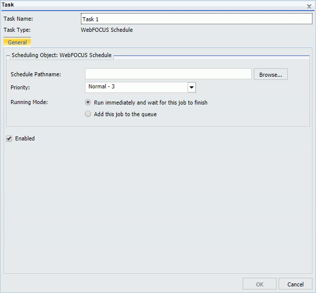 The WebFOCUS Schedule task dialog box.