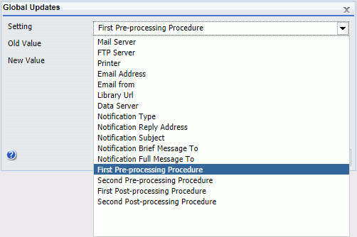 An image showing the pre and post-processing options available in the Global Updates dialog box.