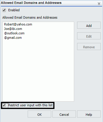 Allowed Email Domains and Addresses dialog box
