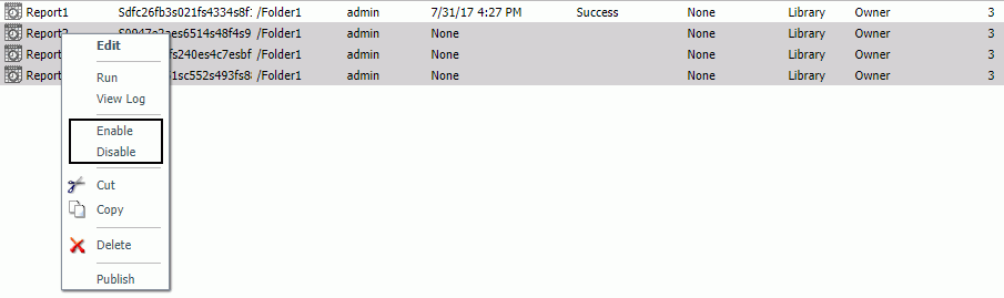ReportCaster Explorer dialog box. The Enable and Disable options are highlighted