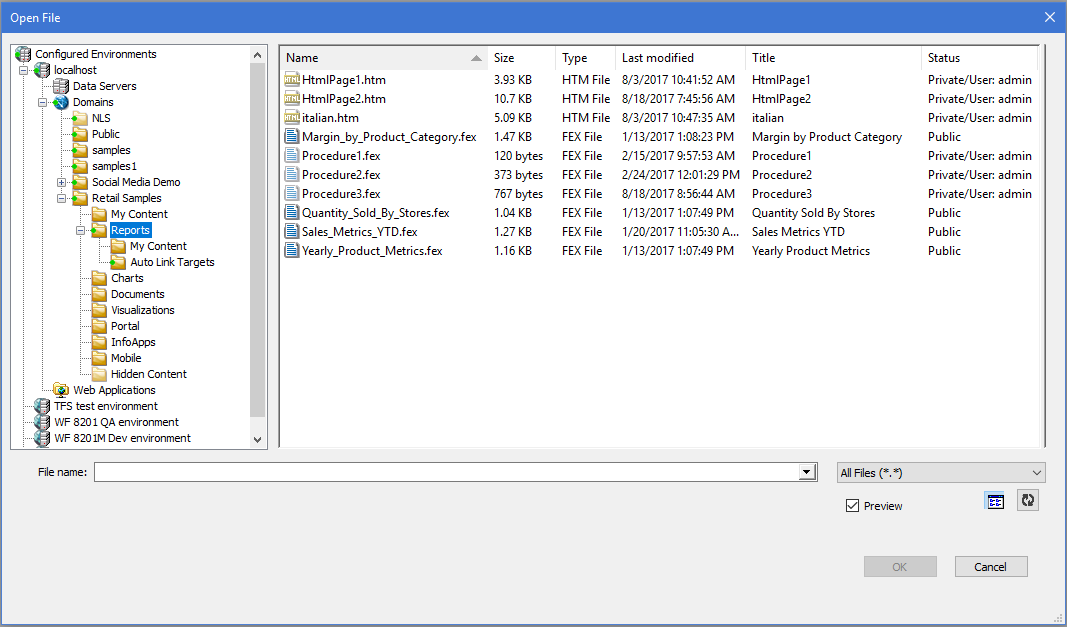 Open File dialog box with Title and Status columns