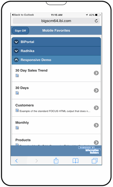 Mobile Favorites Launch Page With Available Report Items