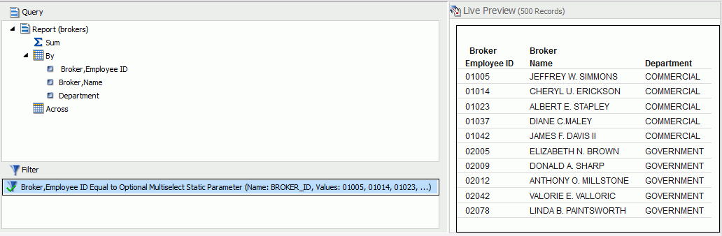 The InfoAssist user interface displaying a report in progress
