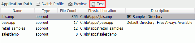Application Path page with Test highlighted