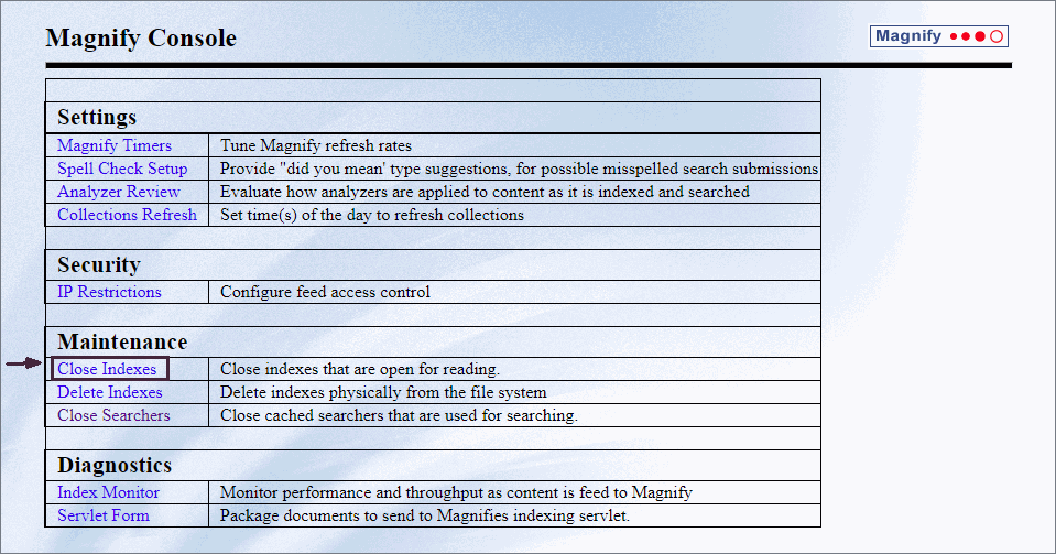 The Magnify Console with the Close Indexes link highlighted.