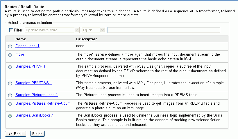 Select a process definition pane
