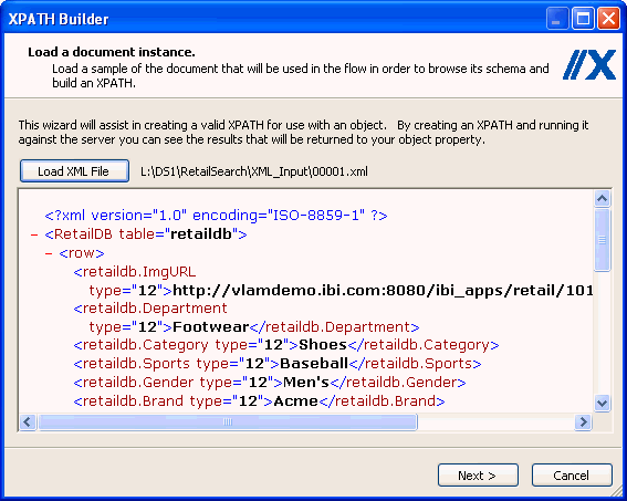 Load a document instance dialog box