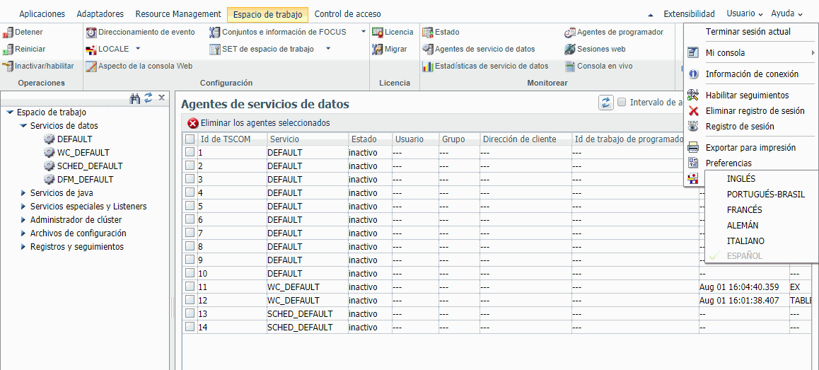 Web Console Workspace tab in Spanish