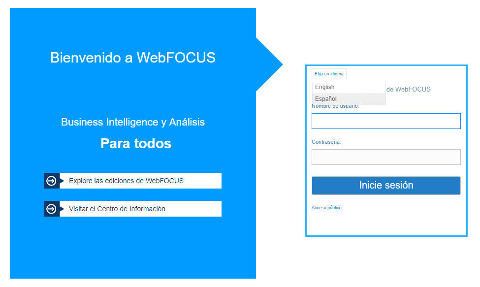 Welcome screen with Spanish selected from the Select Language menu