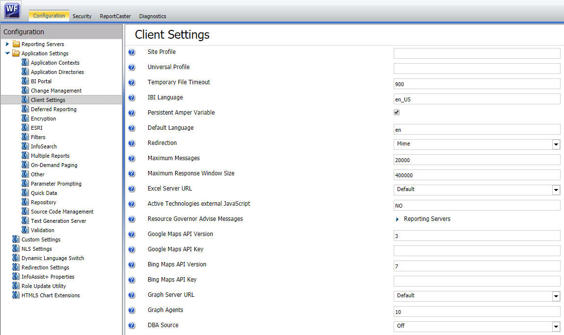 WebFOCUS Client Settings in Administration Console