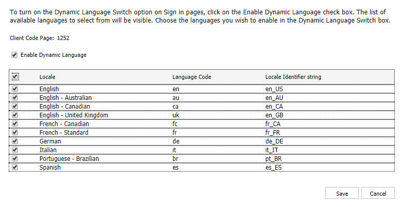 Dynamic Language Switch page with Enable Dynamic Language checkbox and all languages selected