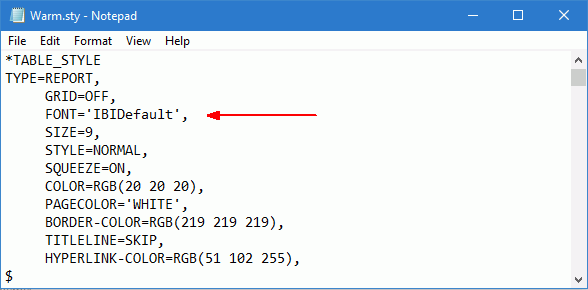 StyleSheet file in Notepad showing FONT parameter
