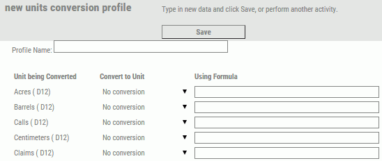 New Units Conversion Profile panel