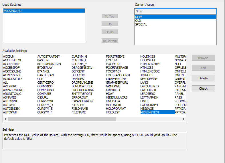 Set canvas in App Studio showing the SET MISSINGTEST command set to NEW