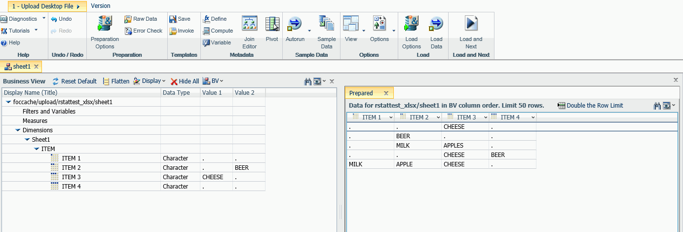 Image of the Upload Wizard with the Market Basket data