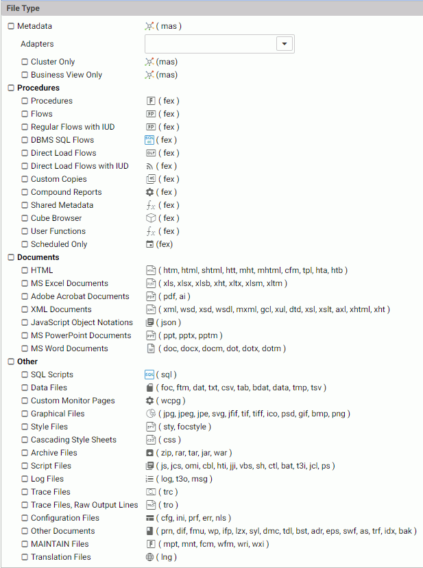 Filter Applications Tree file types