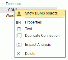 Show DBMS objects for Facebook connection