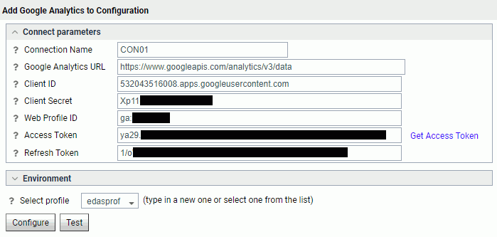 Google Analytics configuration with token fields filled