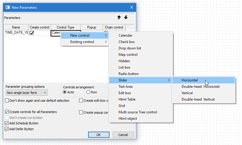 New Parameters dialog from Requests and Data Sources panel