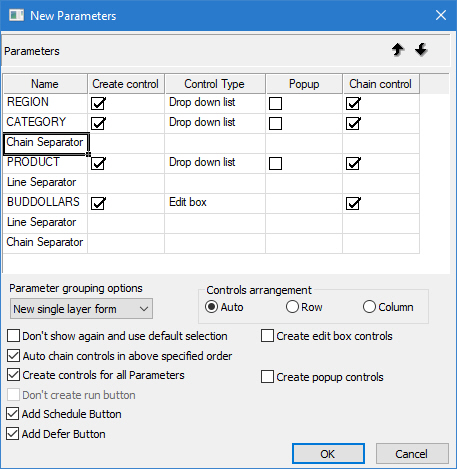 New Parameters dialog box with Chain and Line separators