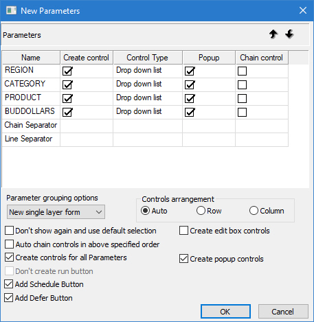 New Parameters dialog with Create popup controls selected