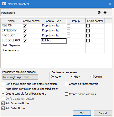 New Parameters dialog