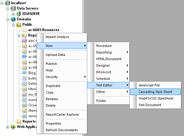 Shortcut menu showing Cascading Style Sheet option
