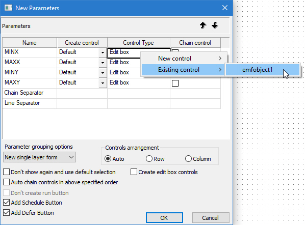 New Parameter dialog box creating to existing control