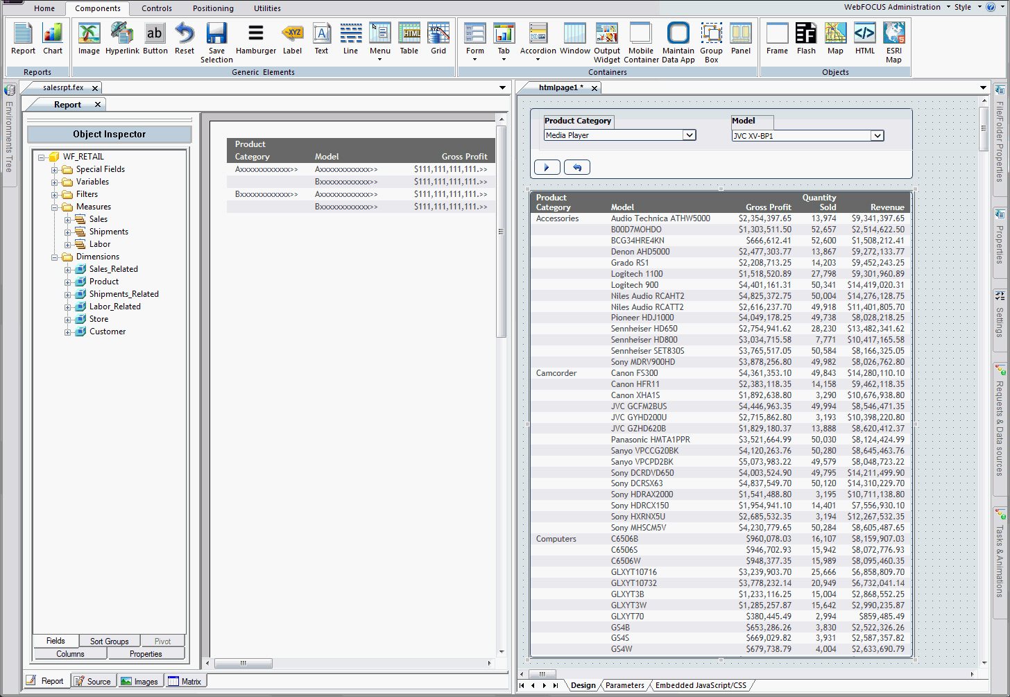 App Studio with a report and an HTML page shown side-by-side