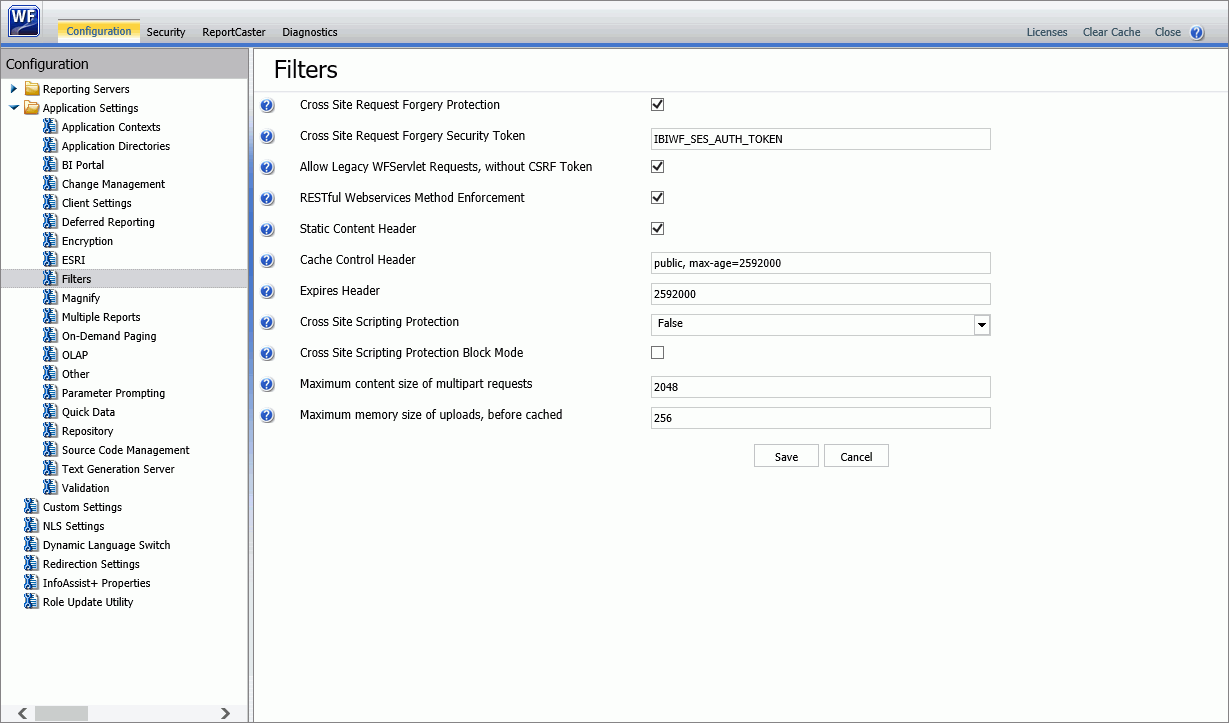 The Filters pane showing the Cross Site Request Forgery Protection check box is selected, by default, and the default value assigned to the Cross Site Request Forgery Security Token setting.