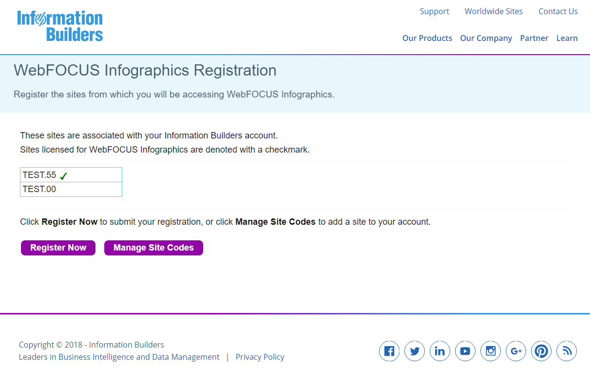 WebFOCUS Infographics Registration page