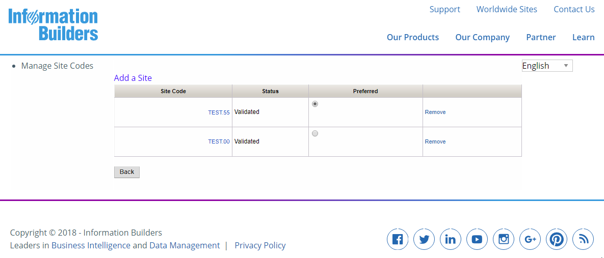 Manage site codes page