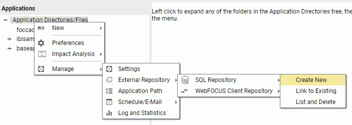 Shortcut menu to create a new SQL Repository