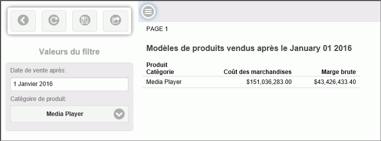 The Responsive Autoprompt Interface with a date in French format in the Filter Values section and the date in US English format in the report heading text in the Report Output section.