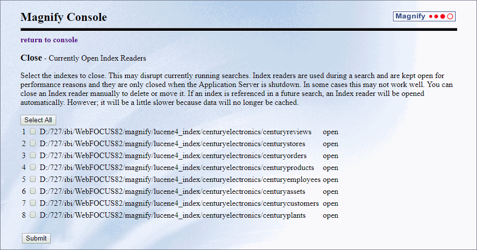 The Close Currently Open Index Readers page displaying a list of all open index readers.
