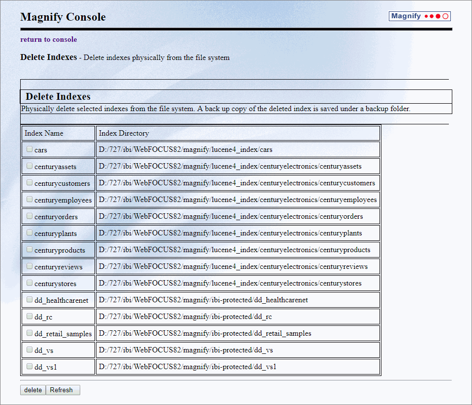 The Delete Indexes page displaying a list of all open index readers.