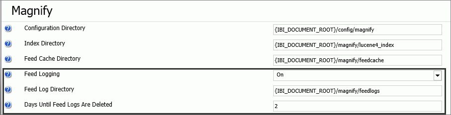 Feed log settings in the Magnify Settlings page of the Administration Console Configuration tab..