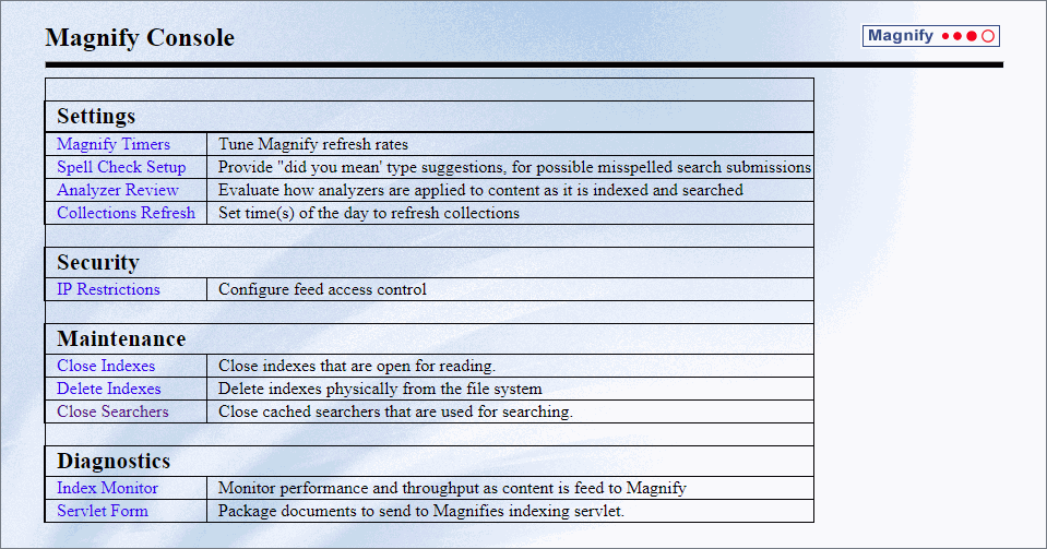 The Magnify Console displaying General, Security, Maintenance, and Diagnostic settings.