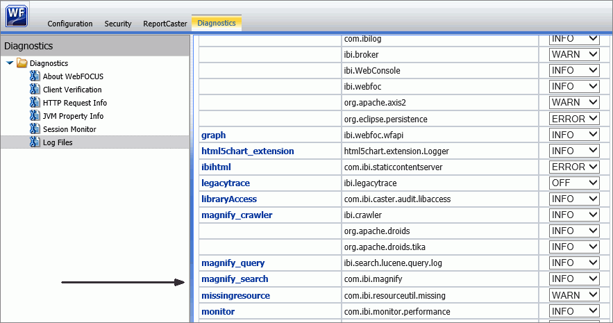 The Log Files pane showing the entry for the Magnify Search log.