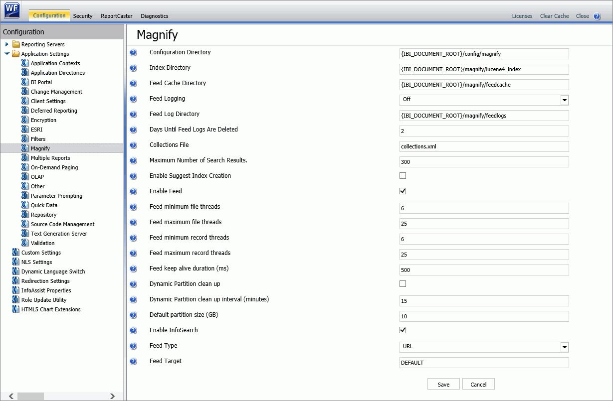 The Magnify Settings page displaying default values.. This page is located on the Configuration tab of the WebFOCUS Administration Console.