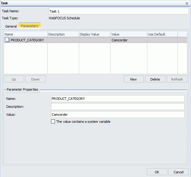Parameters tab for the WebFOCUS Schedule task dialog box