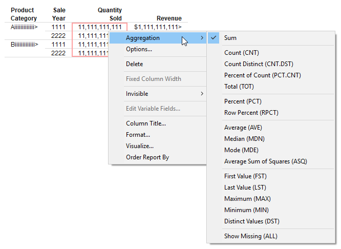 Report showing shortcut menu