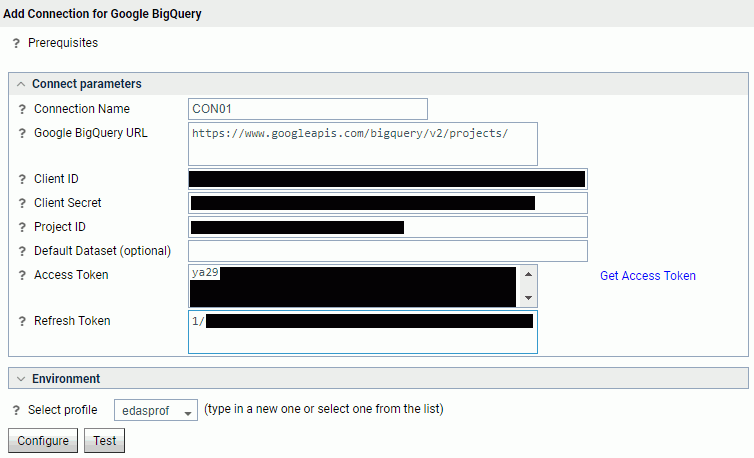 Google BigQuery connection with tokens filled in