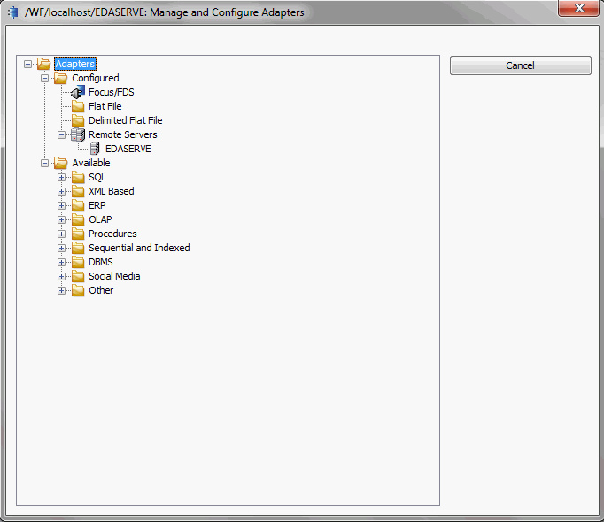 Select adapter to configure or Select connection to create synonym dialog box