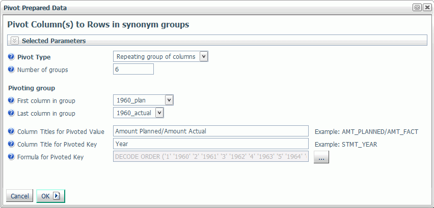 Pivot Prepared Data dialog box for groups of columns